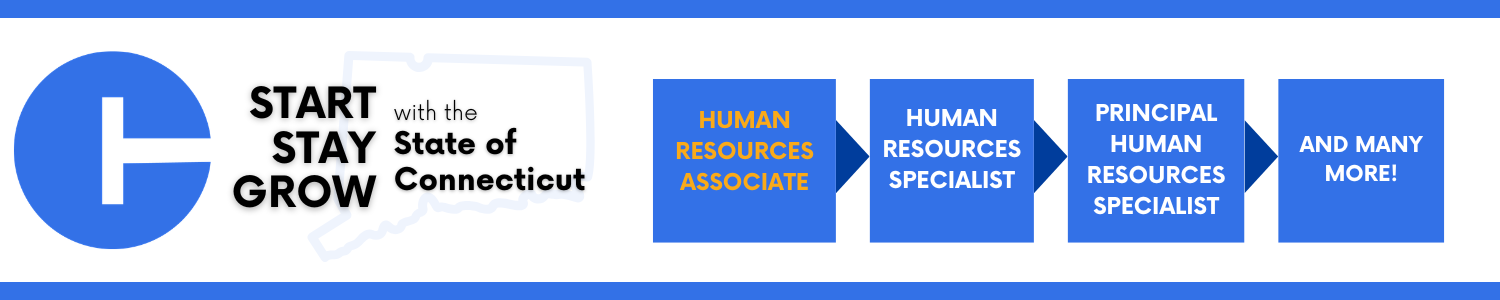 “Graphic featuring a large blue circular logo on the left, next to the text ‘Start Stay Grow with the State of Connecticut’ over a faint outline of the state. To the right, four blue boxes connected by blue arrows display career progression titles: ‘Human Resources Associate,’ ‘Human Resources Specialist,’ ‘Principal Human Resources Specialist,’ and ‘And many more!’ The design uses blue and white colors with some text in yellow.”